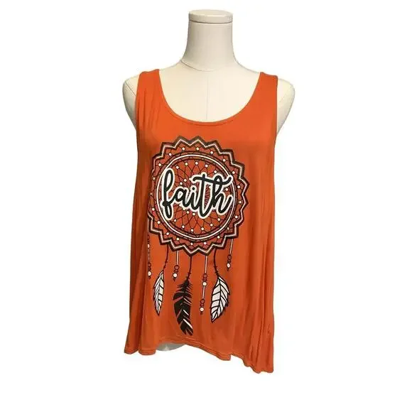 No Boundaries XL Tank Top Faith Dreamcatcher Graphic Boho Orange Crisscross Back - Picture 3 of 4